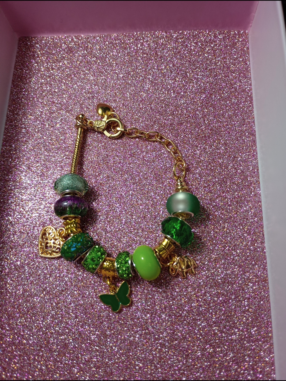 Pandora Style Gold Tone Green Charm Bracelet with Enamel Butterfly and Heart